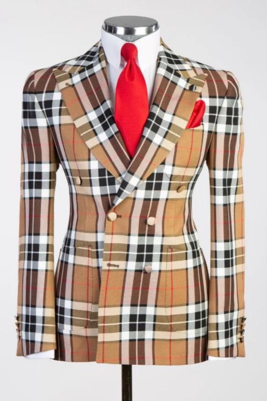 Quincy Decent Brown Plaid Peaked Lapel Double Breasted Business Suits