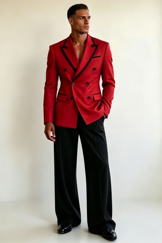 Nolan Fashion Red Peaked Lapel Double Breasted Prom Suits With Black Piping