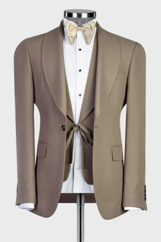 Nicole Fashion Khaki Shawl Lapel Three Pieces Wedding Suits