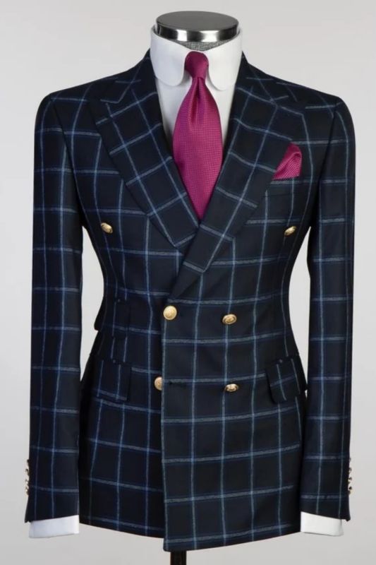 Quintion Simple Dark Navy Plaid Peaked Lapel Double Breasted Business Suits