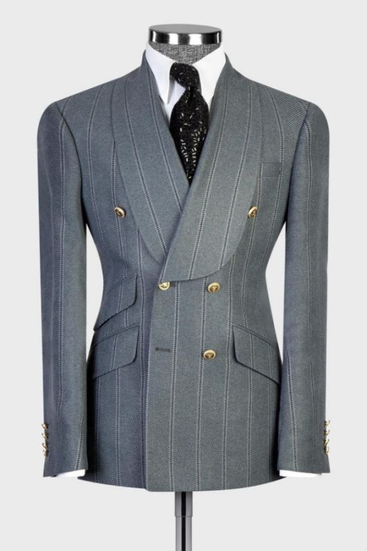 Osborn Formal Dark Gray Shawl Lapel Double Breasted Striped Business Suits