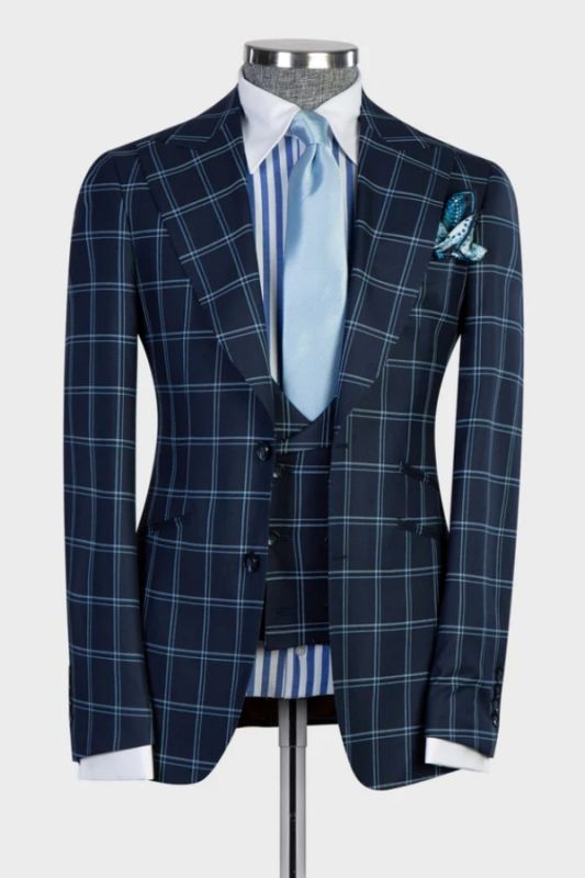 Nat Formal Dark Navy Peaked Lapel Three Pieces Plaid Business Suits