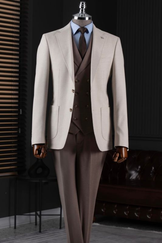 Prescott Chic Beige Plaid Notched Lapel Three Pieces Prom Suits With Coffee Pants And Vest