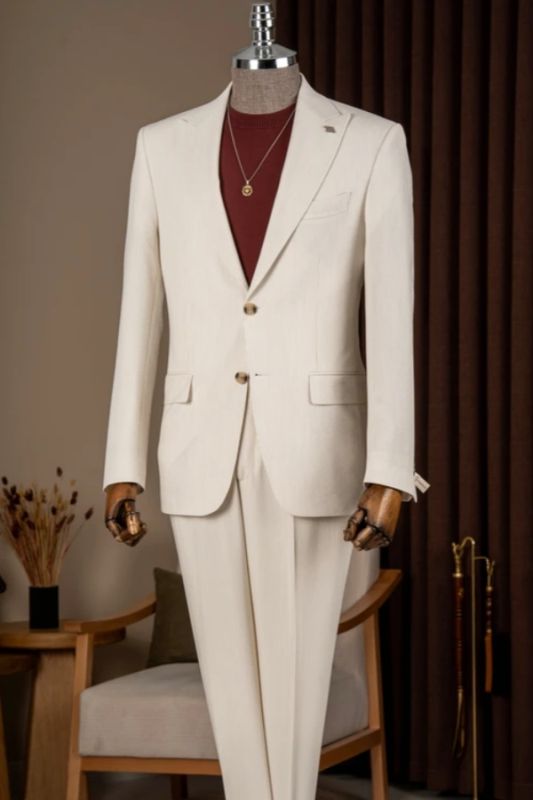 Palmer Bespoke Beige Striped Peaked Lapel Business Suits