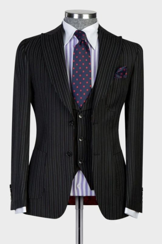 Newman Formal Black Striped Peaked Lapel Three Pieces Business Suits