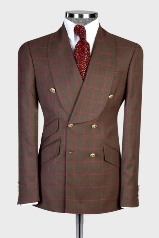 Osmond Charming Brown Plaid Shawl Lapel Double Breasted Business Suits