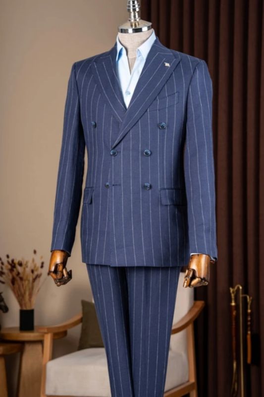 Mortimer Formal Navy Striped Double Breasted Business Suits With Peaked Lapel