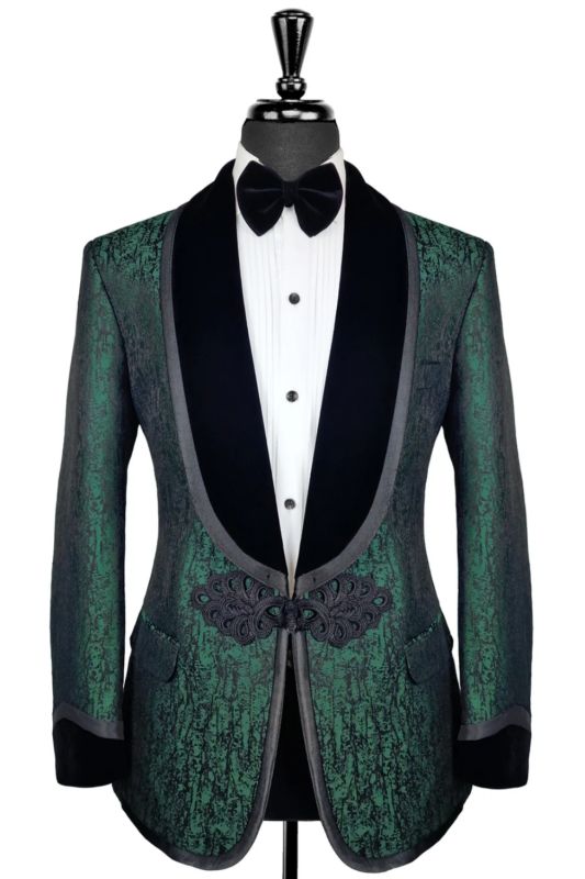 Riley Fancy Dark Green Jacquard Wedding Suits With Velvet Shawl Lapel