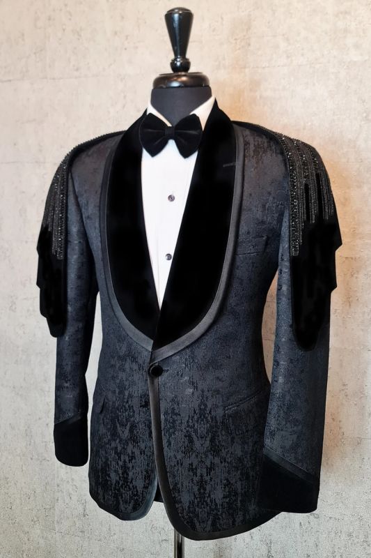 Rupert Chic Black Jacquard One Button Prom Suits With Beading Shawl