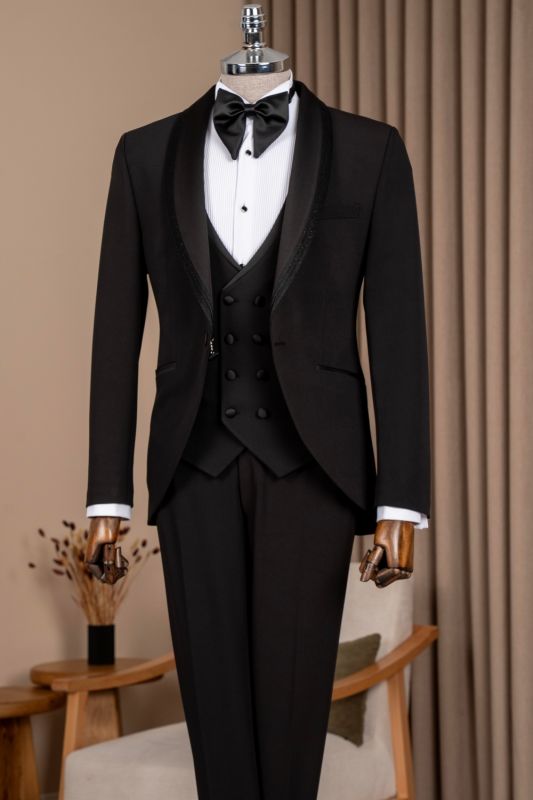 Rock Handsome Black Shawl Lapel Three Pieces Wedding Suits With Pining
