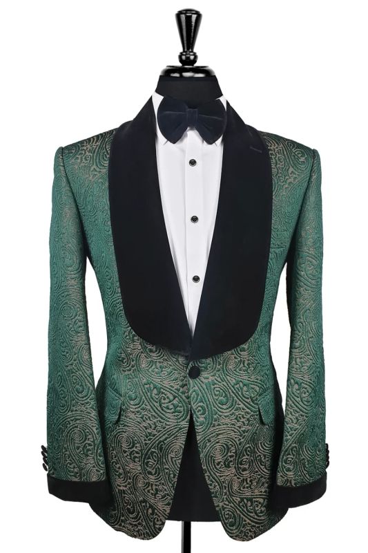 Roy Bespoke Dark Green Jacquard One Button Shawl Lapel Wedding Suits