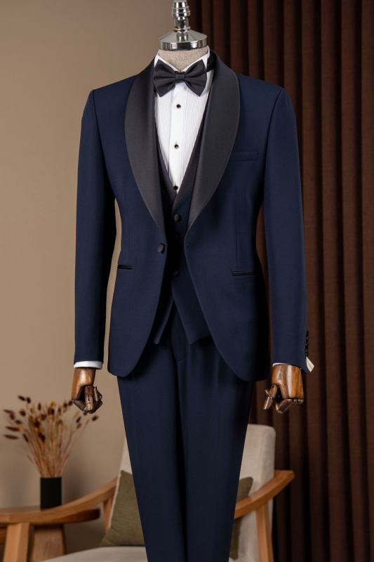 Roderick Stylish Navy Three Pieces Wedding Suits With Satin Lapel