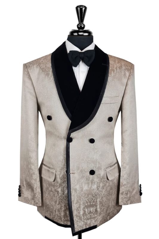 Robin Gentle Coffee Jacquard Double Breasted Prom Suits With Velvet Shawl Lapel