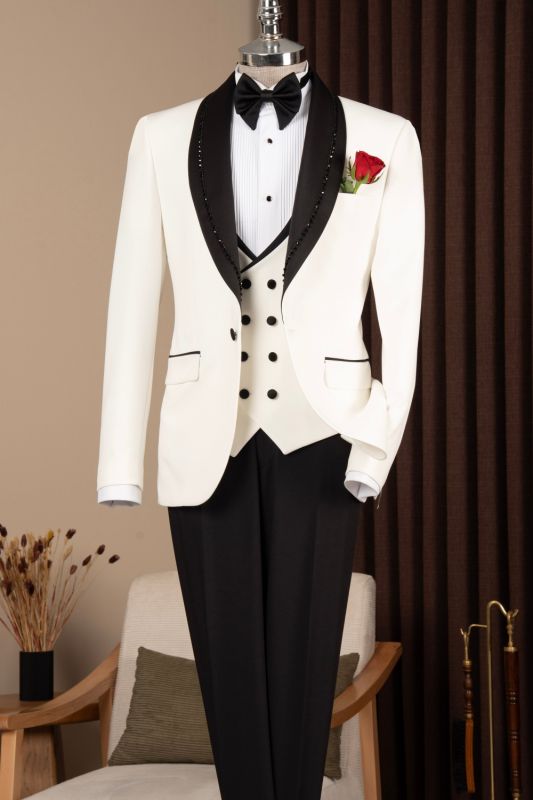 Rodney Bespoke White Three Pieces Wedding Suits With Beading Lapel
