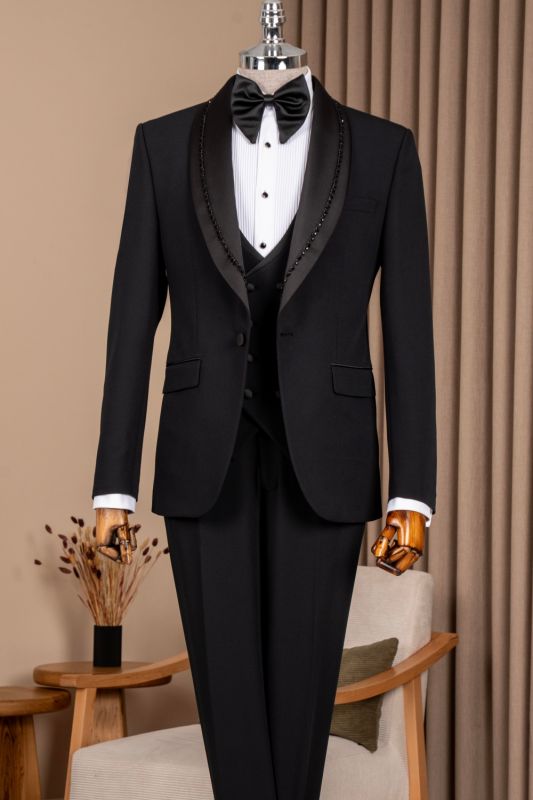 Russell Classical Black Shawl Lapel Three Pieces Wedding Suits With Beading