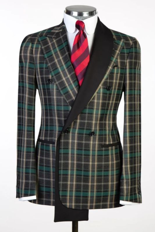 Reid Handsome Black Plaid Peaked Lapel Double Breasted Business Suits