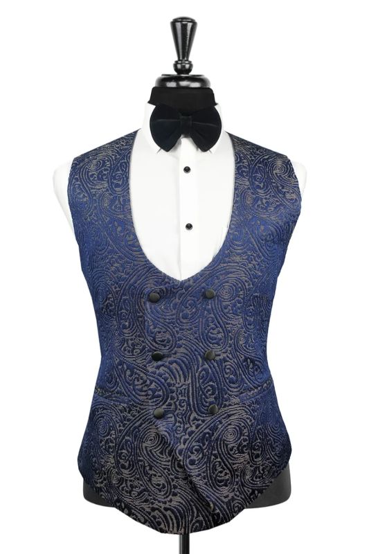 Charming Blue Paisley Jacquard Double Breasted Vest