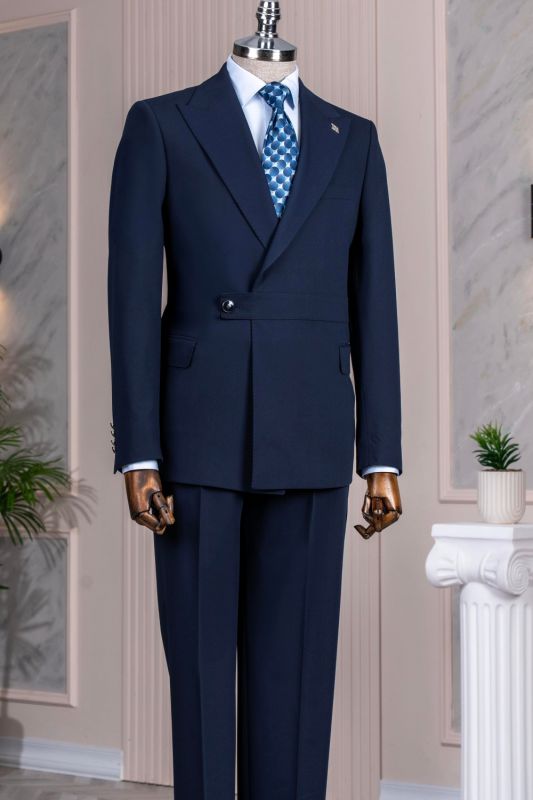 Ramsey Chic Navy Peaked Lapel Prom Suits With Sash