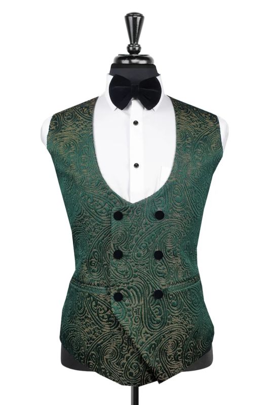Chic Dark Green Paisley Jacquard Double Breasted Vest