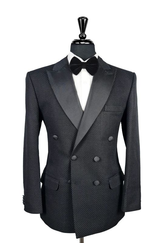 Ronald Simple Black Jacquard Peaked Lapel Double Breasted Prom Suits