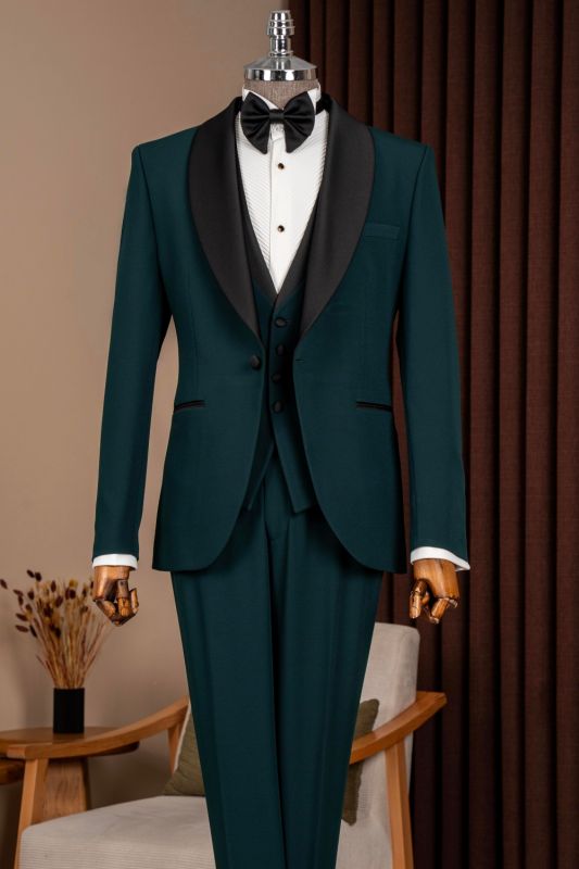 Ryan Fancy Dark Green Three Pieces Shaw Lapel Wedding Suits