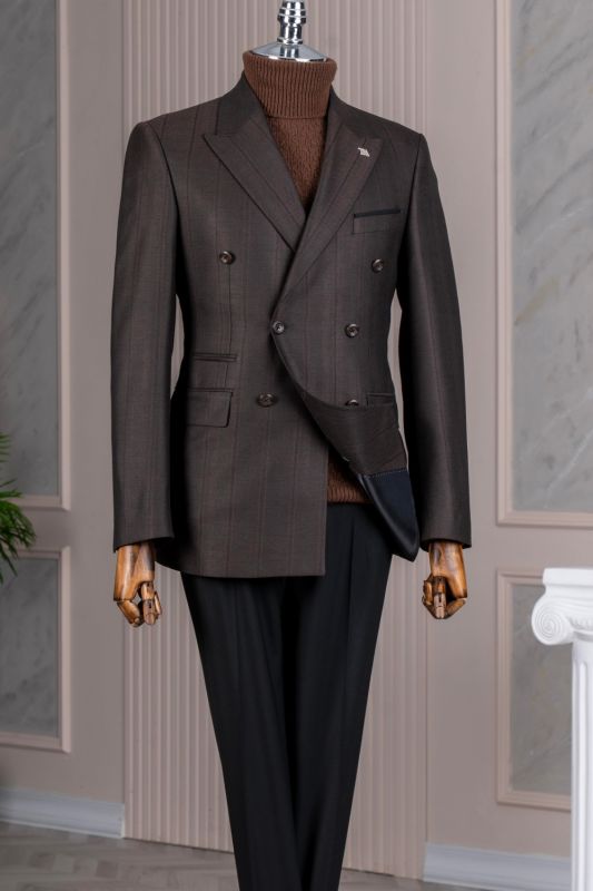 Ralap Bespoke Dark Coffee Peaked Lapel Striped Double Breasted Business Suits