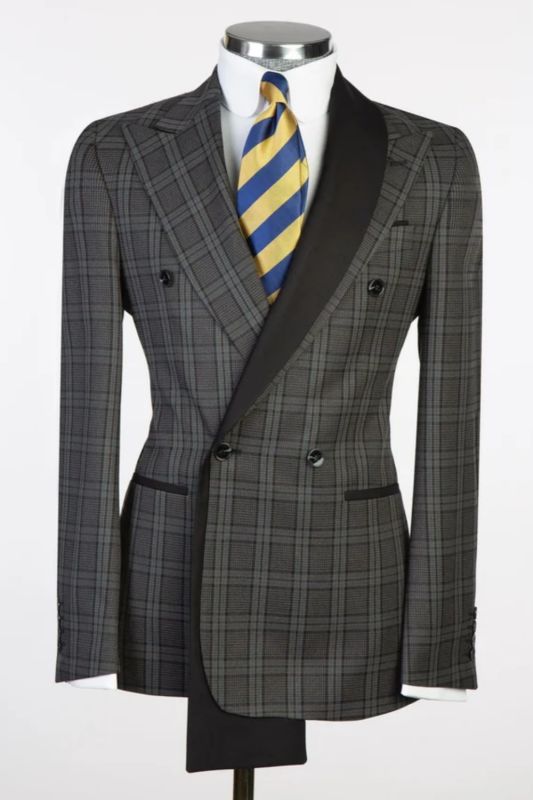 Reuben Stylish Black Plaid Peaked Lapel Double Breasted Business Suits