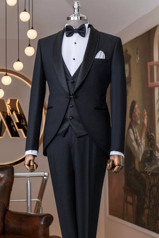 Sebastian Bespoke Black Shawl Lapel Three Pieces Prom Suits