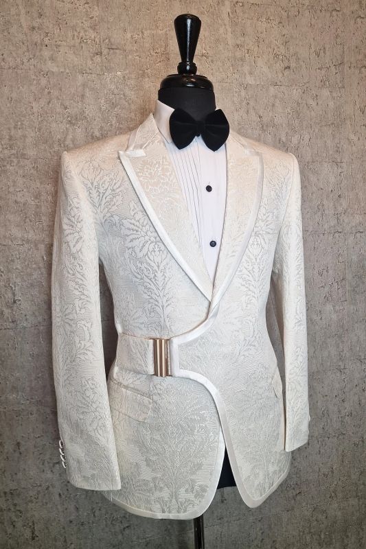 Simon White Jacquard Asymmetrical Buckle Peaked Lapel Prom Suits With Satin Piping