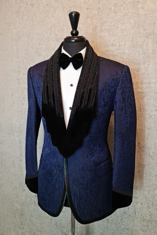 Stanford Chic Blue Jacquard Shawl Lapel Beading Prom Suits With Satin Piping