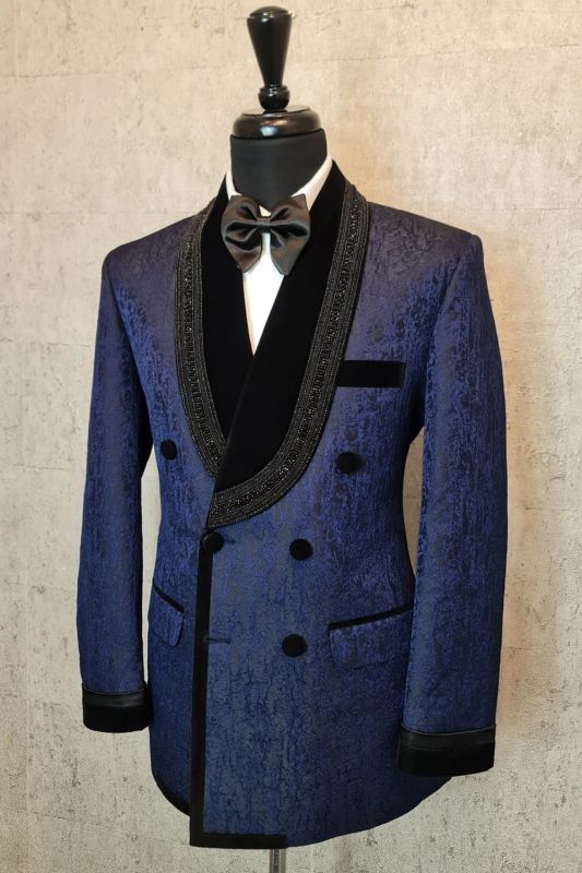 Stanley Charming Dark Blue Jacquard Double Breasted Prom Suits With Beading Lapel
