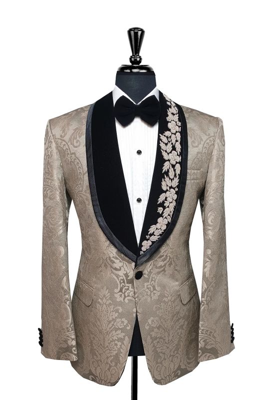 Silvester Dark Champagne Jacquard Shawl Lapel Prom Suits With Appliques