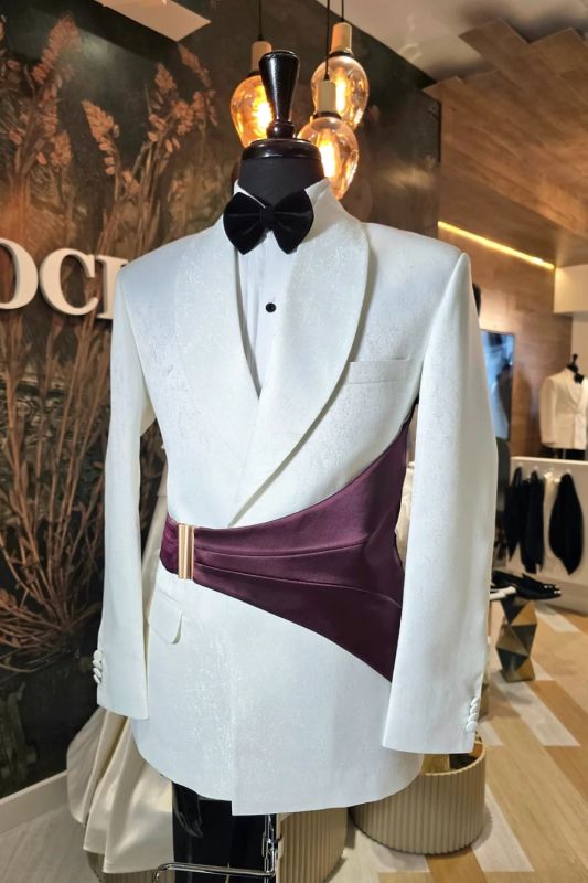 Sandy Decent White Jacquard Shawl Lapel Prom Suits With Grape Satin Sash