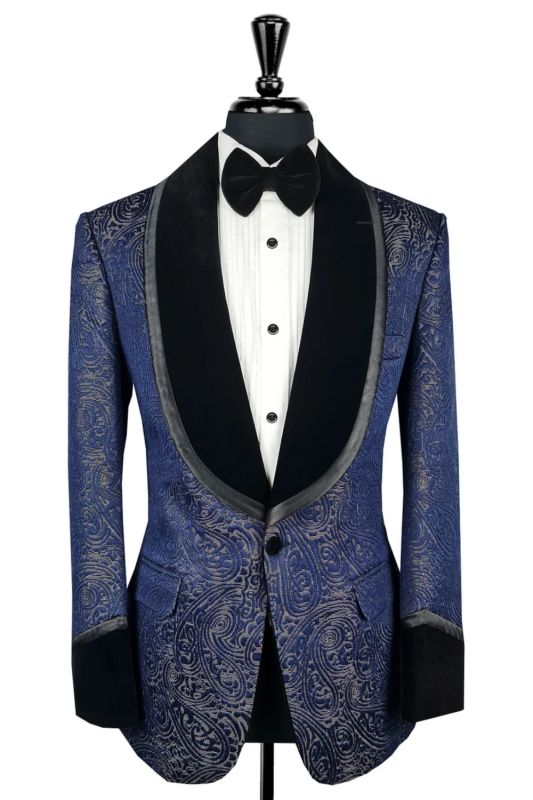 Sampson Fashion Dark Blue Jacquard Prom Suits With Velvet Shawl Lapel