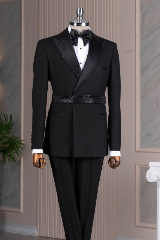 Spencer Stylish Black Peaked Lapel Prom Suits With Black Rhinestones