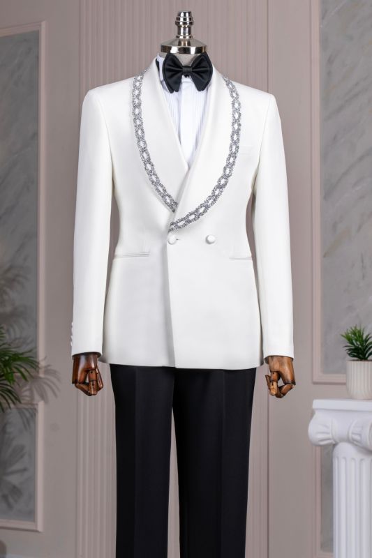 Rudolf Charming White Double Breasted Prom Suits With Beading Shawl Lapel