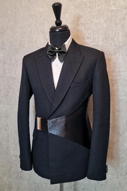 Sidney Charming Black Jacquard Peaked Lapel Prom Suits With Cross Strap
