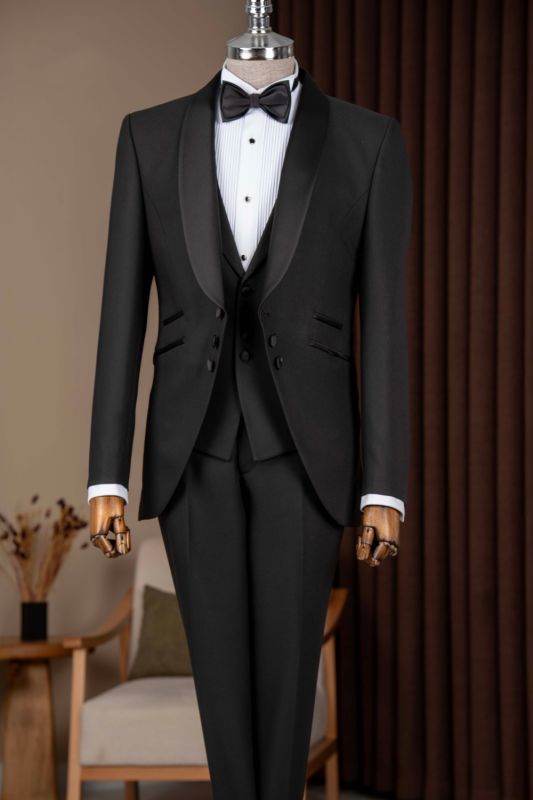 Shelton Classical Black Three Pieces Prom Suits With Satin Shawl Lapel