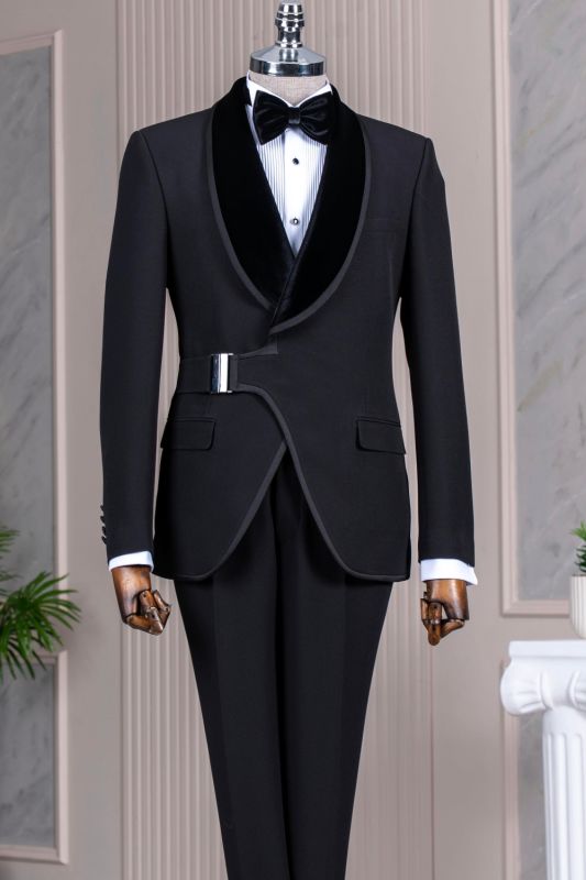 Sean Stylish Black Asymmetrical Buckle Satin Binding Prom Suits With Velvet Shawl Lapel