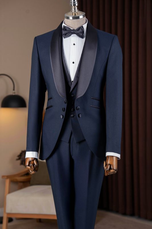 Solomon Elegant Navy Three Pieces Prom Suits With Satin Shawl Lapel