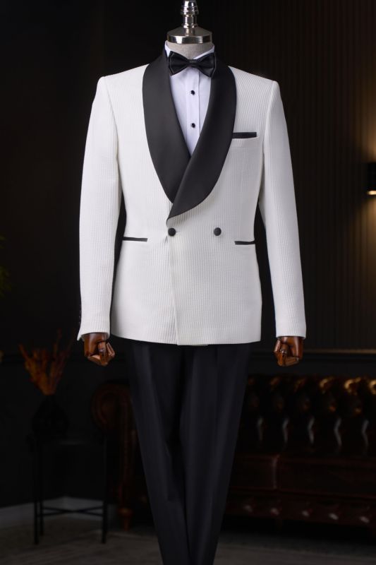Saxon Gentle White Corduroy Double Breasted Prom Suits With Black Shawl Lapel