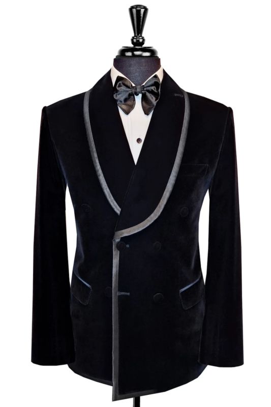 Ryan Classical Black Shawl Lapel Double Breasted Velvet Prom Suits With Gray Velvet Trimming