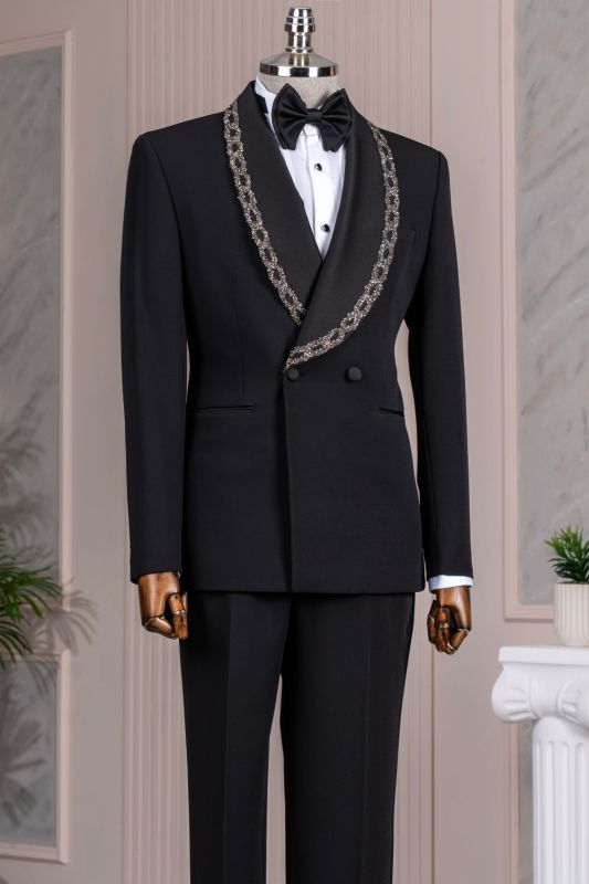 Ross Bespoke Black Shawl Lapel Double Breasted Prom Suits With Beading