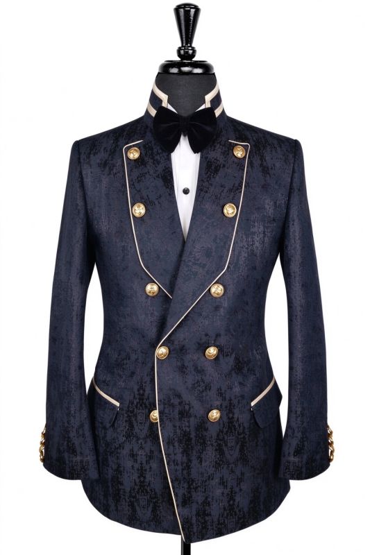 Tab Bespoke Black Jacquard Double Breasted Prom Suits With Piping