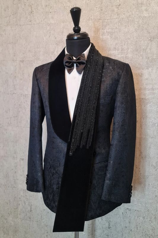 Stewart Fancy Black Jacquard Beading Prom Suits With Asymmetric Velvet Lapel