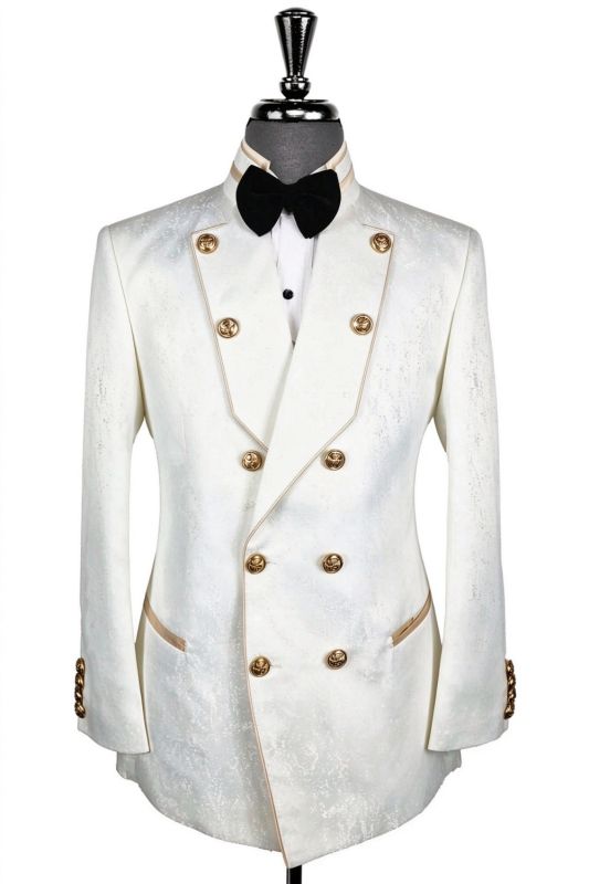 Tanner Chic White Jacquard Double Breasted Prom Suits With Piping