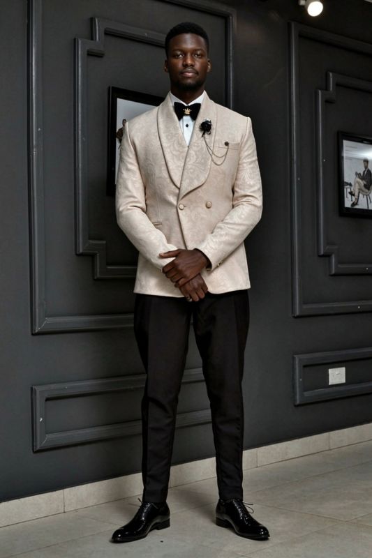 Tim Stylish Beige Jacquard Shawl Lapel Double Breasted Wedding Suits