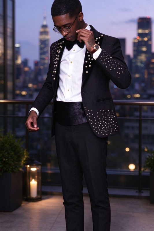 Taylor Fancy Black Jacquard Peaked Lapel One Button Prom Suits With Beading