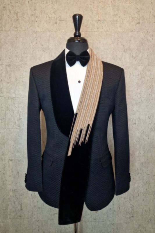 Stev Fancy Black Jacquard Beading Prom Suits With Velvet Shawl Lapel