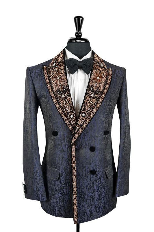 Steve Gentle Dark Blue Jacquard Beading Shawl Lapel Prom Suits With Satin Piping
